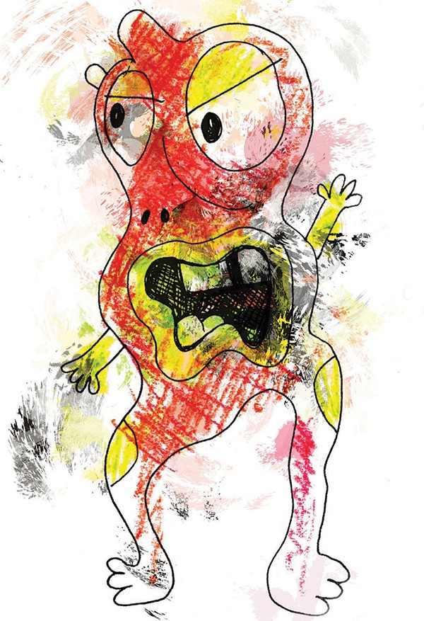 Artist’s impression of the Ravenous Bugblatter Beast. Red pigmentation tests as the artist’s own blood. Sadly the artist didn’t survive the encounter but the subsequent value of his work has quadrupled.